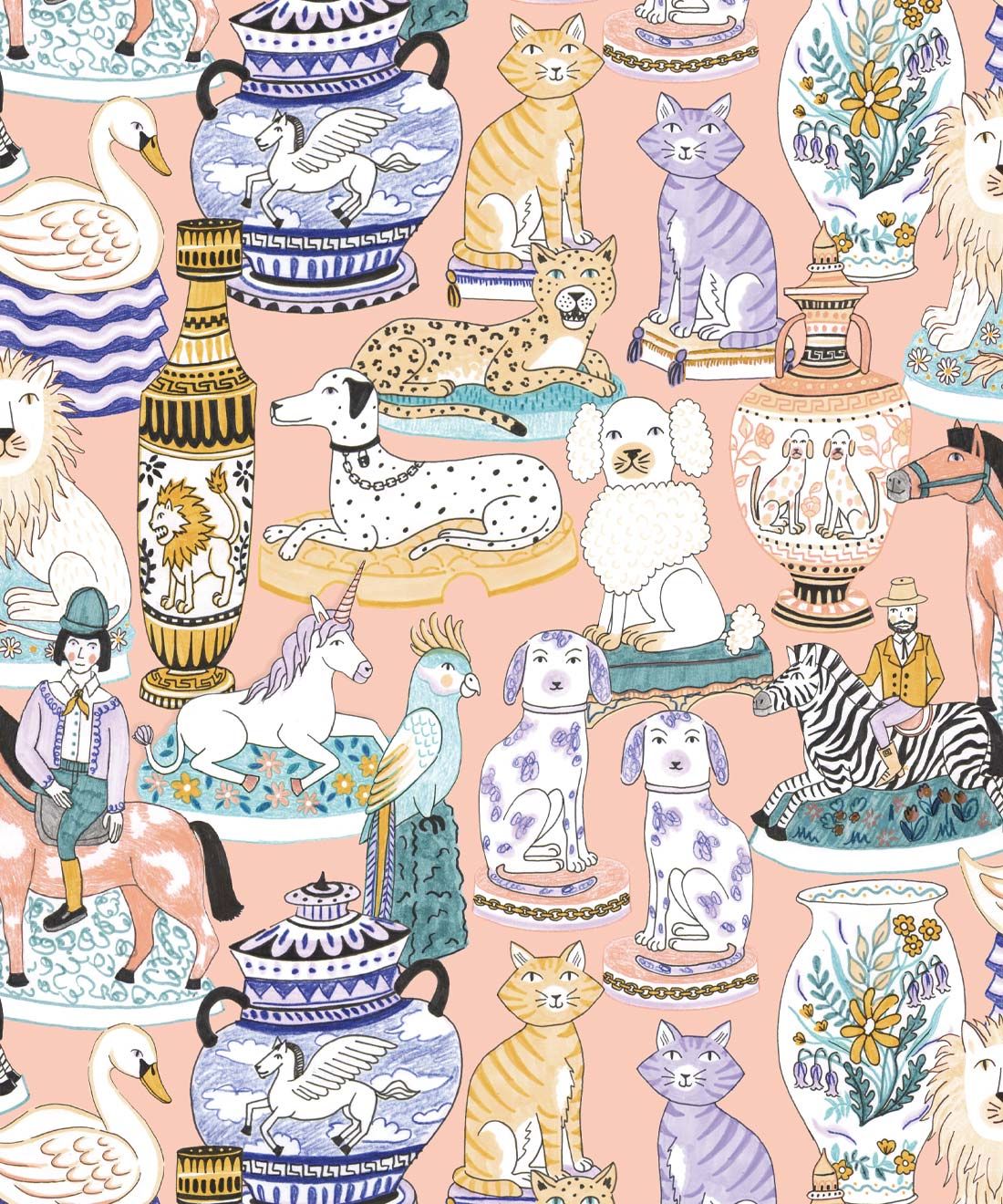Ceramics Wallpaper featuring vases of dogs, cats, zebras, lions, parrots and unicorns • Coral • swatch