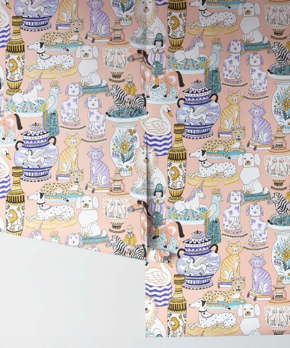 Ceramics Wallpaper featuring vases of dogs, cats, zebras, lions, parrots and unicorns • Coral • Rolls