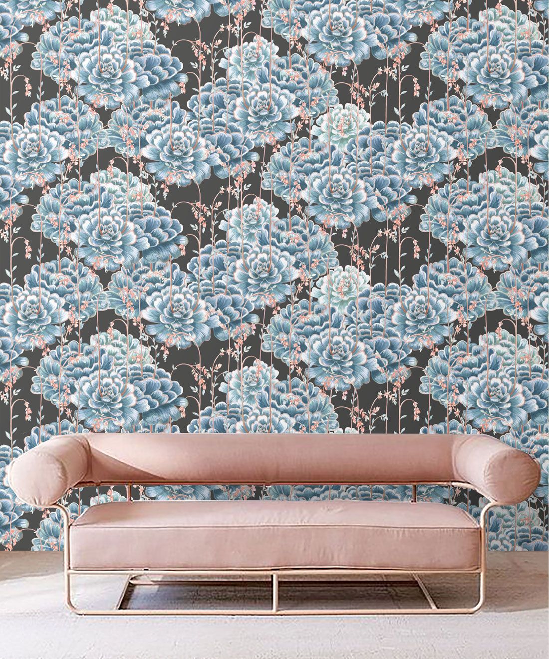Succulents Wallpaper Blue Charcoal • Cactus Wallpaper • Desert Wallpaper Insitu on black background behind a sofa with pink cushions