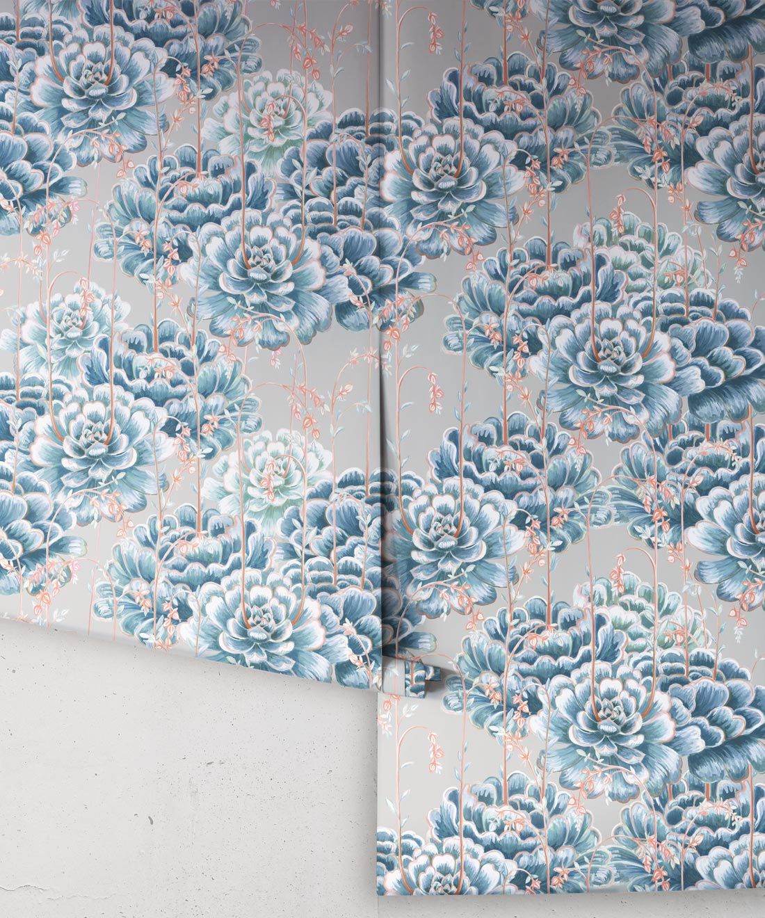 Succulents Wallpaper Steel Blue • Cactus Wallpaper • Desert Wallpaper rolls on grey background