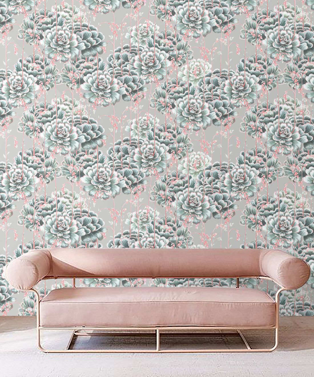 Succulents Wallpaper Sage • Cactus Wallpaper • Desert Wallpaper insitu on grey background behind pink sofa