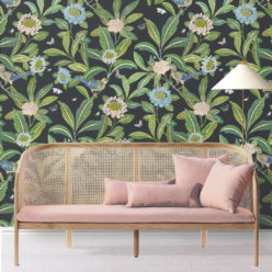 Summer Garden Wallpaper • Charcoal Wallpaper • Floral Wallpaper Insitu with pink sofa
