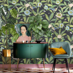 Summer Garden Wallpaper • Charcoal Wallpaper • Floral Wallpaper Insitu with green cabinet and blue chair