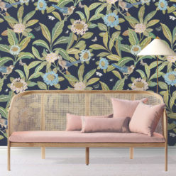 Summer Garden Wallpaper • Navy Wallpaper • Floral Wallpaper Insitu behind pink sofa