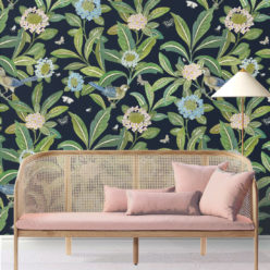Summer Garden Wallpaper • Original Wallpaper • Floral Wallpaper Insitu behind pink couch
