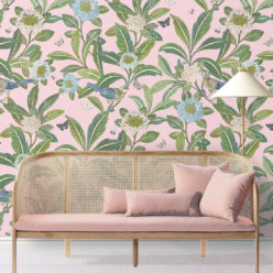 Summer Garden Wallpaper • Pink Wallpaper • Floral Wallpaper insitu behind pink sofa