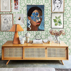 Trellis Wallpaper • Geometric Wallpaper • Ivory Wallpaper • Insitu with Cabinet