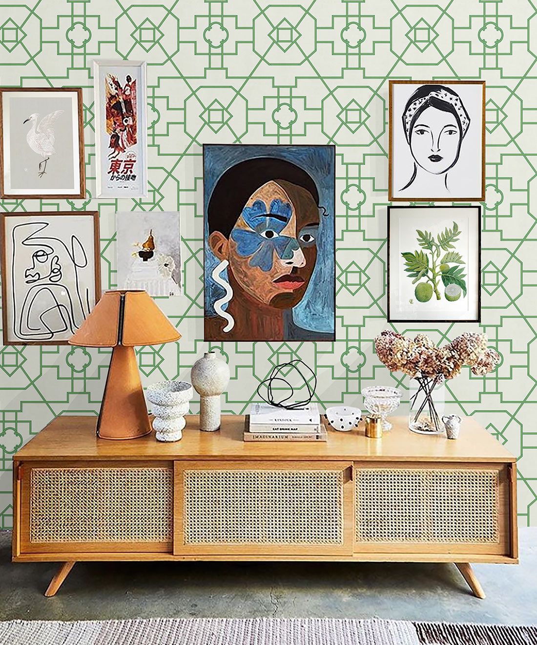 Trellis Wallpaper • Geometric Wallpaper • Ivory Wallpaper • Insitu with Cabinet