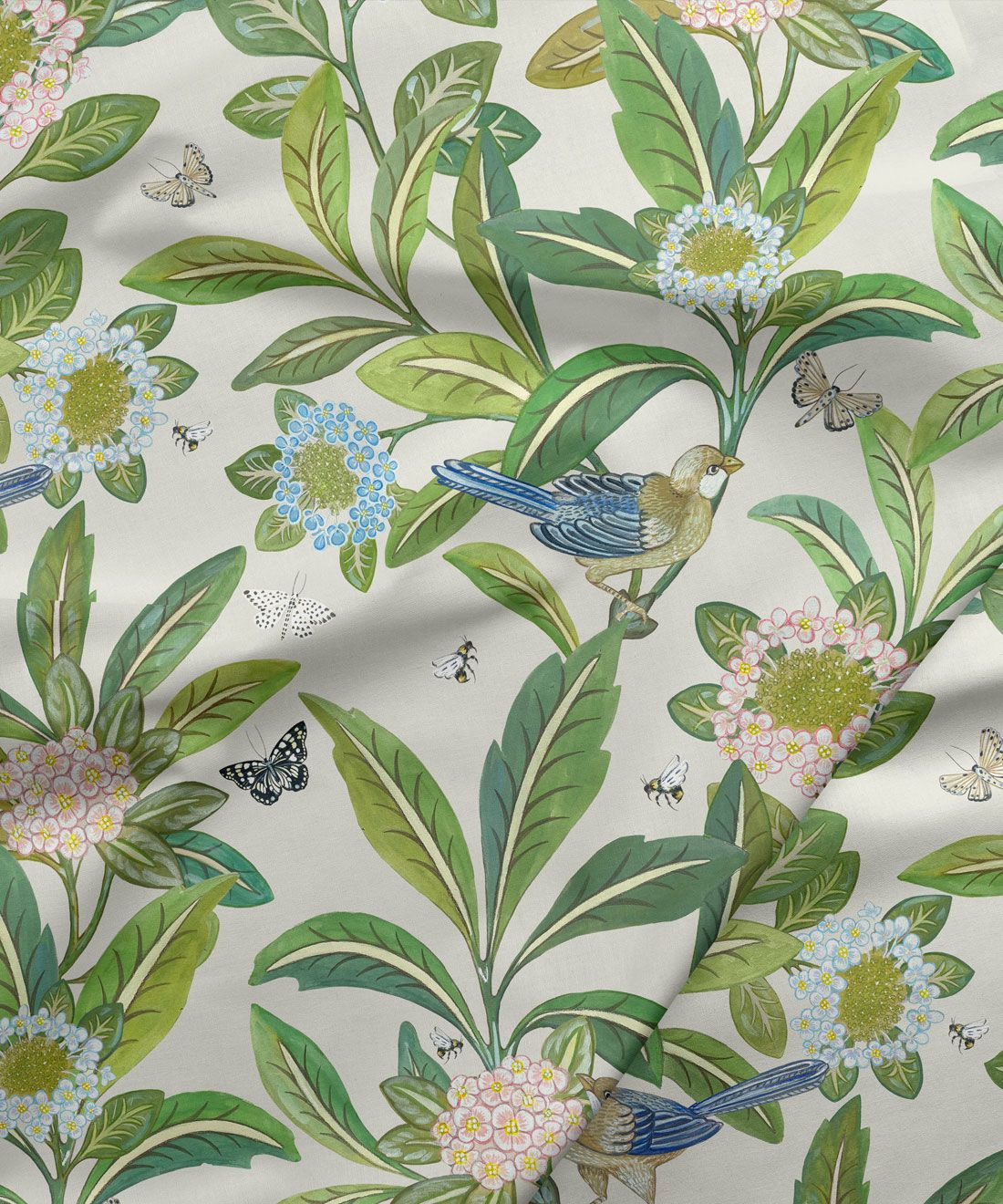 Summer Garden Fabric • Bethany Linz • Bird and Plant Fabric • Ivory Upholstery Fabric