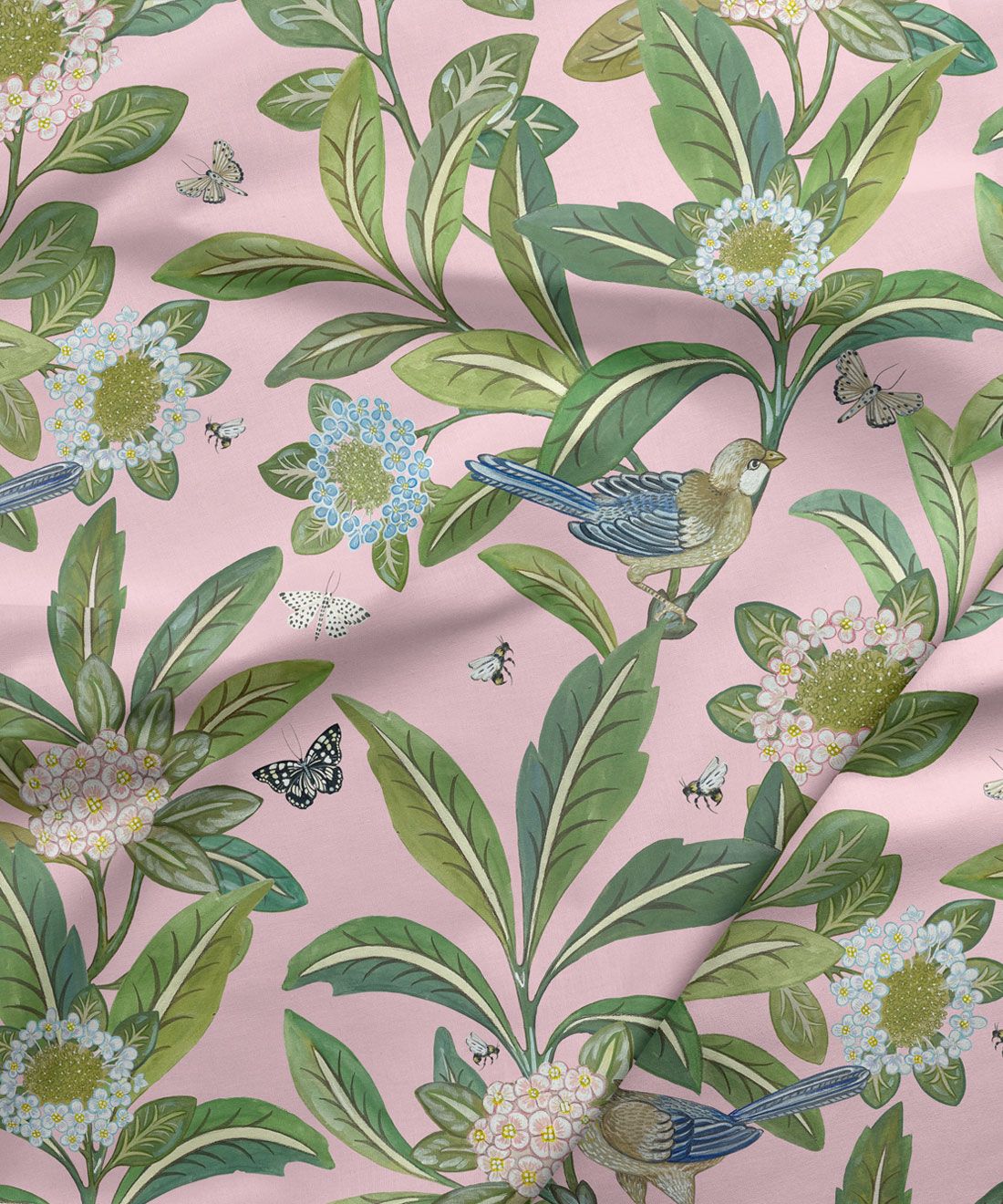 Summer Garden Fabric • Bethany Linz • Bird and Plant Fabric • Pink Upholstery Fabric