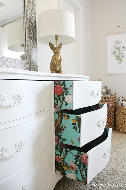 Wallpaper on Drawers using Garden Bloom Wallpaper by Milton & King