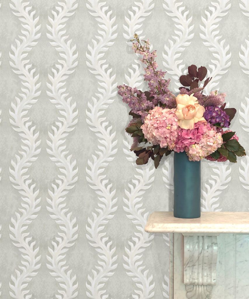 Fern Wallpaper • Beige • Insitu with Pink and purple flowers