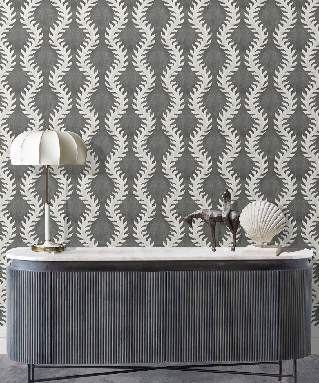 Fern Wallpaper • Gray Wallpaper • Insitu with desk