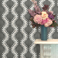 Fern Wallpaper • Gray Wallpaper • Insitu with pink flowers