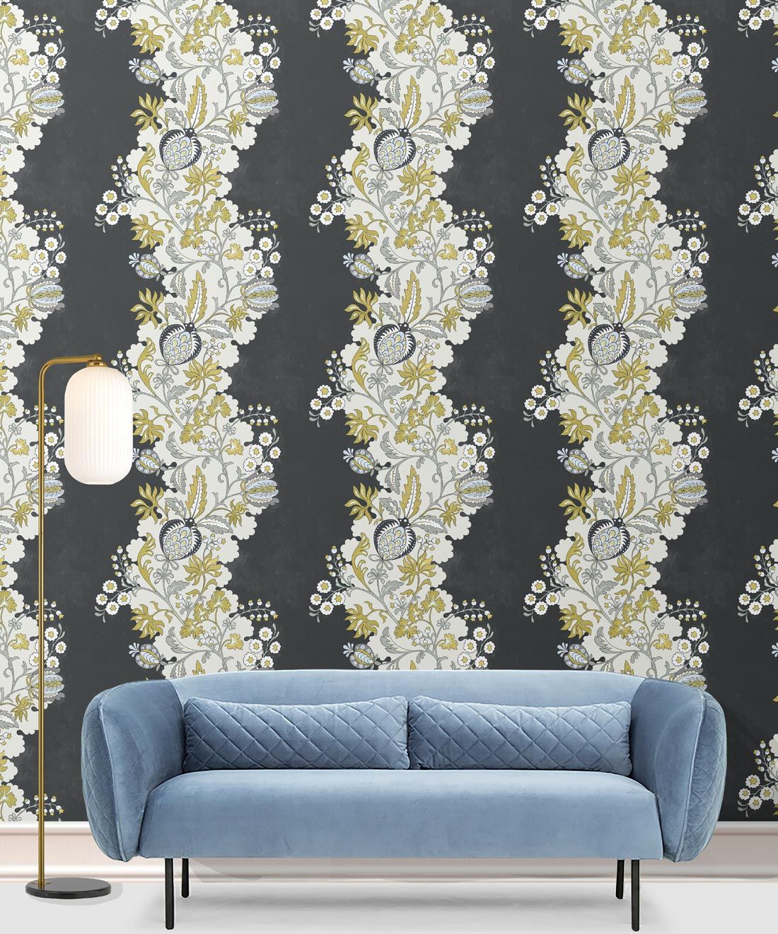 Pomegranate Wallpaper • Charcoal • Insitu with blue sofa