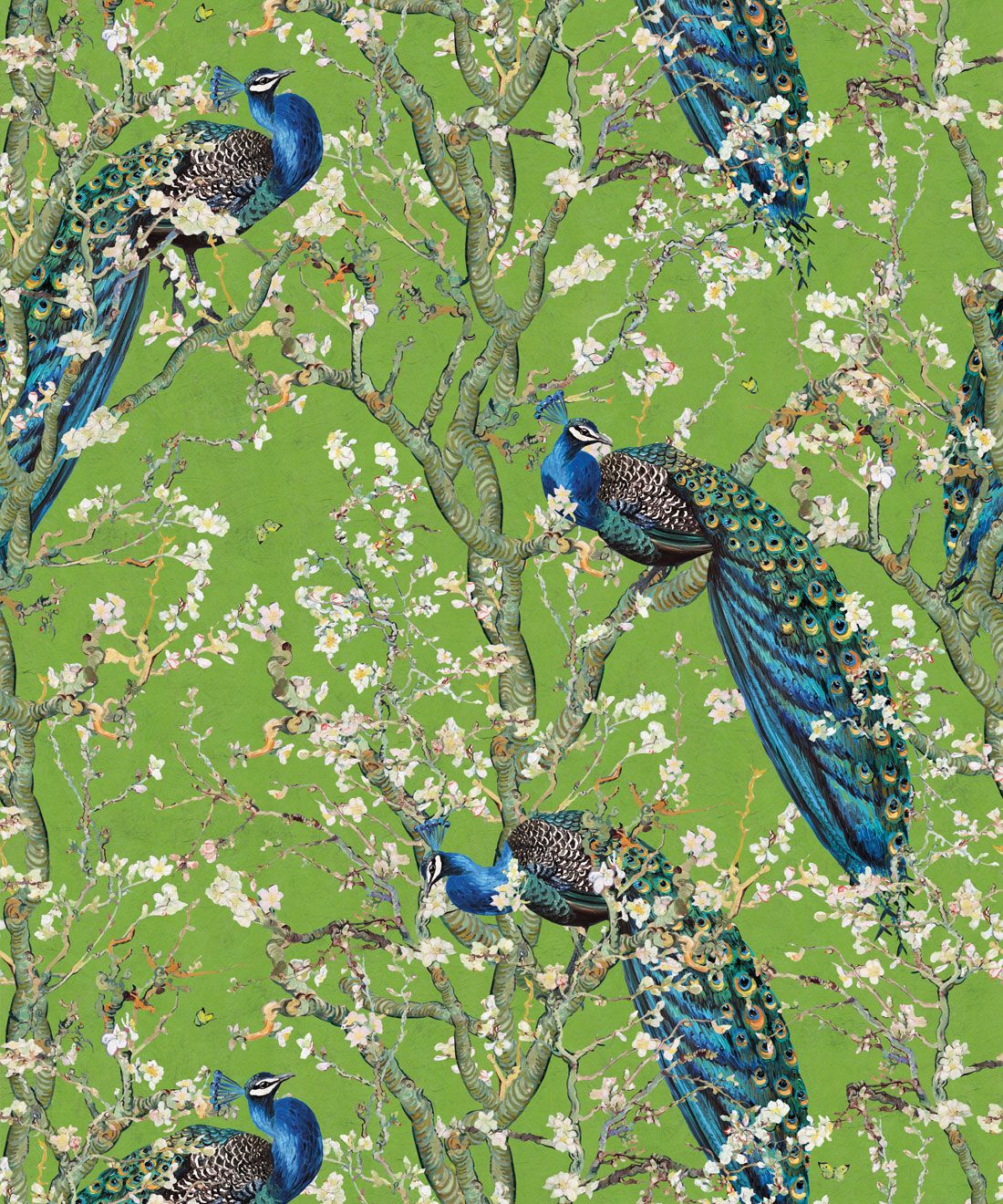Almond Blossom Wallpaper • Chinoiserie Wallpaper • Wallpaper with Peacocks • Green Chartreause Wallpaper • Swatch