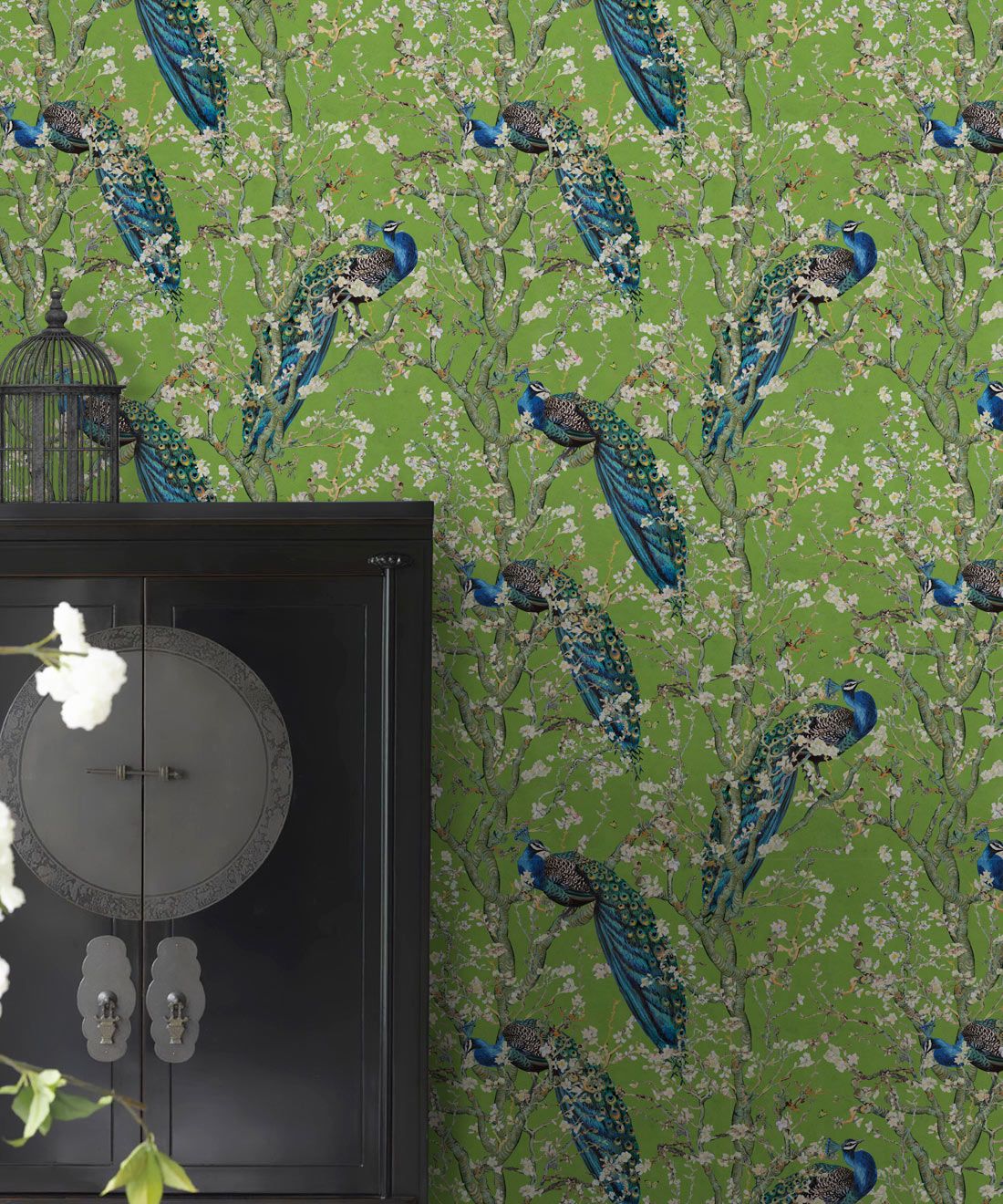 Almond Blossom Wallpaper • Chinoiserie Wallpaper • Wallpaper with Peacocks • Green Chartreause Wallpaper • Insitu