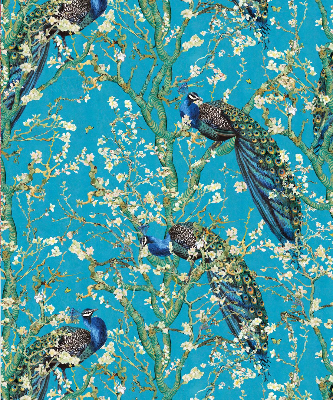 Almond Blossom Wallpaper • Chinoiserie Wallpaper • Wallpaper with Peacocks • Light Blue Duck Egg Wallpaper • Swatch