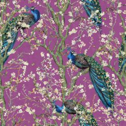 Almond Blossom Wallpaper • Chinoiserie Wallpaper • Wallpaper with Peacocks • Purple Eggplant Wallpaper • Swatch
