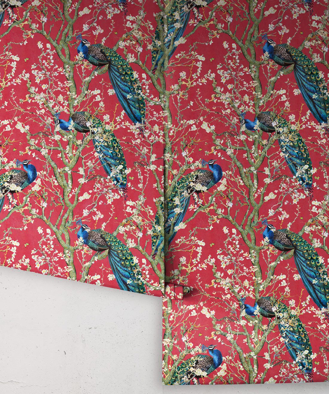 Almond Blossom Wallpaper • Chinoiserie Wallpaper • Wallpaper with Peacocks •Red Lantern Wallpaper • Rolls