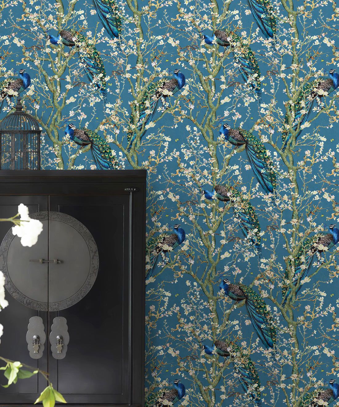 Almond Blossom Wallpaper • Chinoiserie Wallpaper • Wallpaper with Peacocks • Royal Blue Wallpaper • Insitu