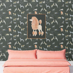 Doggies Wallpaper • Dog Wallpaper • Charcoal • Insitu with salmon colored sofa