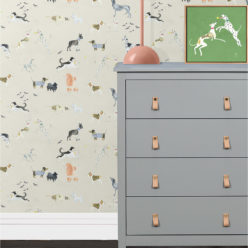 Doggies Wallpaper • Dog Wallpaper • Cream • Inisitu with grey dresser and salmon lamp