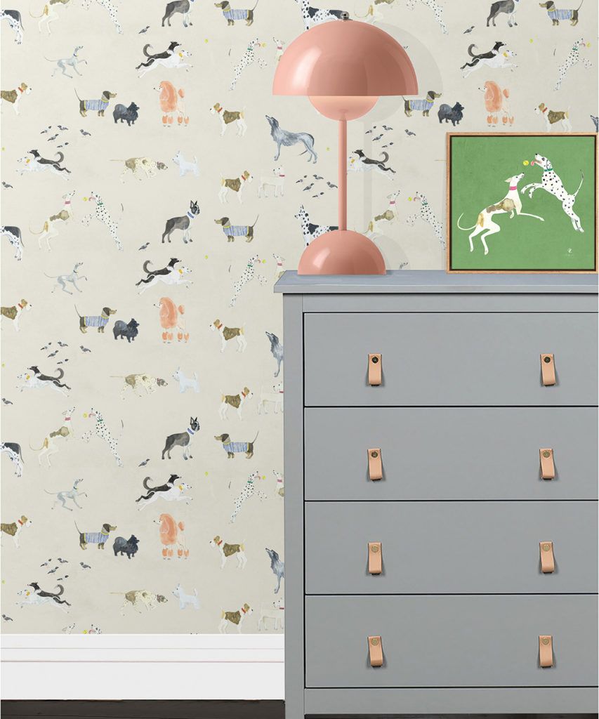 Doggies Wallpaper • Dog Wallpaper • Cream • Inisitu with grey dresser and salmon lamp