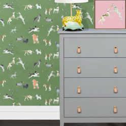 Doggies Wallpaper • Dog Wallpaper • Green • Insitu with grey dresser