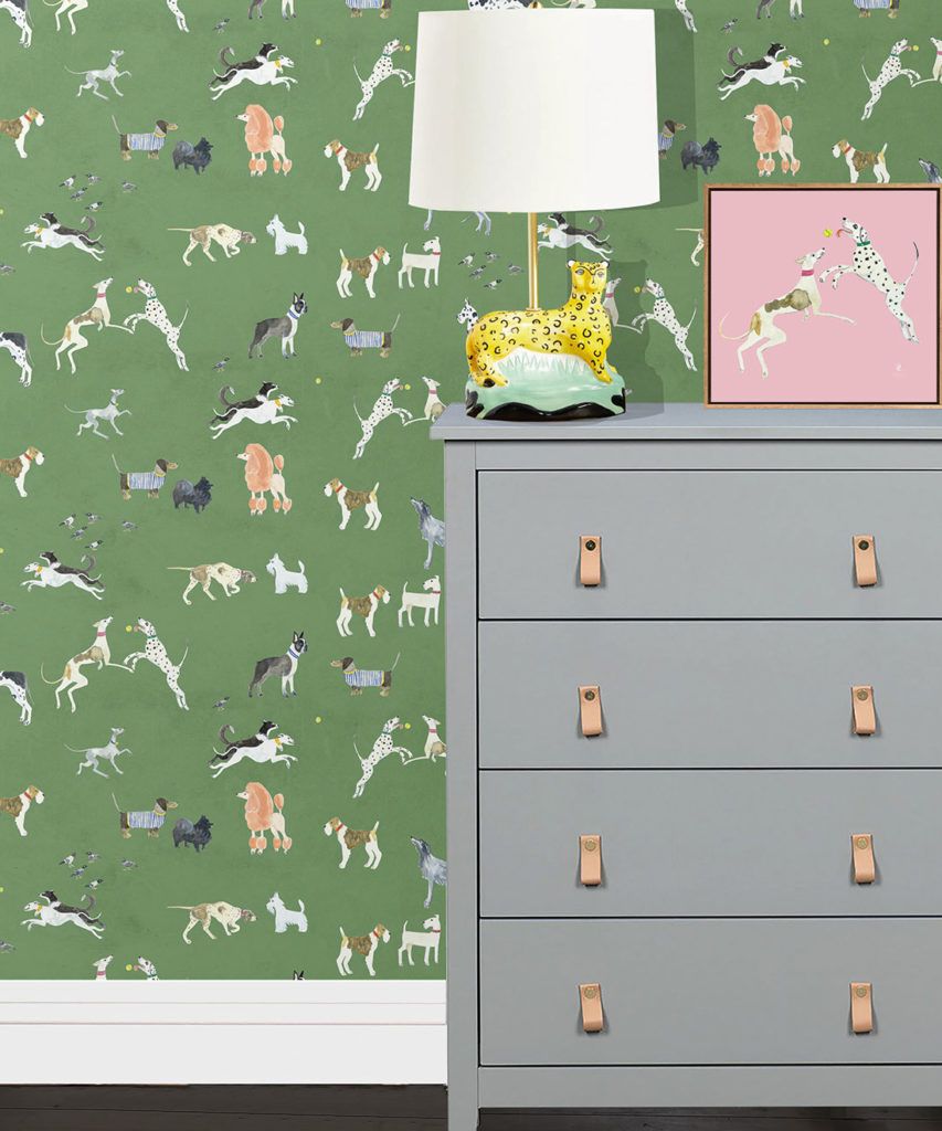 Doggies Wallpaper • Dog Wallpaper • Green • Insitu with grey dresser