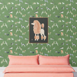 Doggies Wallpaper • Dog Wallpaper • Green • Insitu with salmon colored sofa