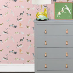 Doggies Wallpaper • Dog Wallpaper • Pink • Insitu with grey dresser