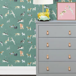 Doggies Wallpaper • Dog Wallpaper • Turquoise • Insitu with grey dresser