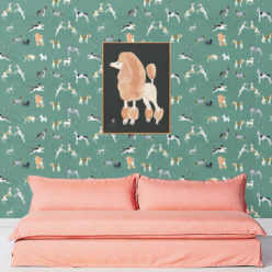 Doggies Wallpaper • Dog Wallpaper • Turquoise • Insitu with salmon colored sofa