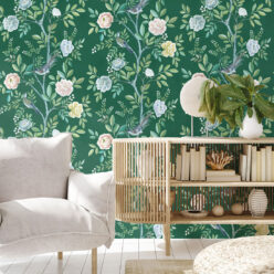 Chinoiserie Wallpaper • Floral Wallpaper • Bird Wallpaper • Magnolia • Emerald Green • Insitu