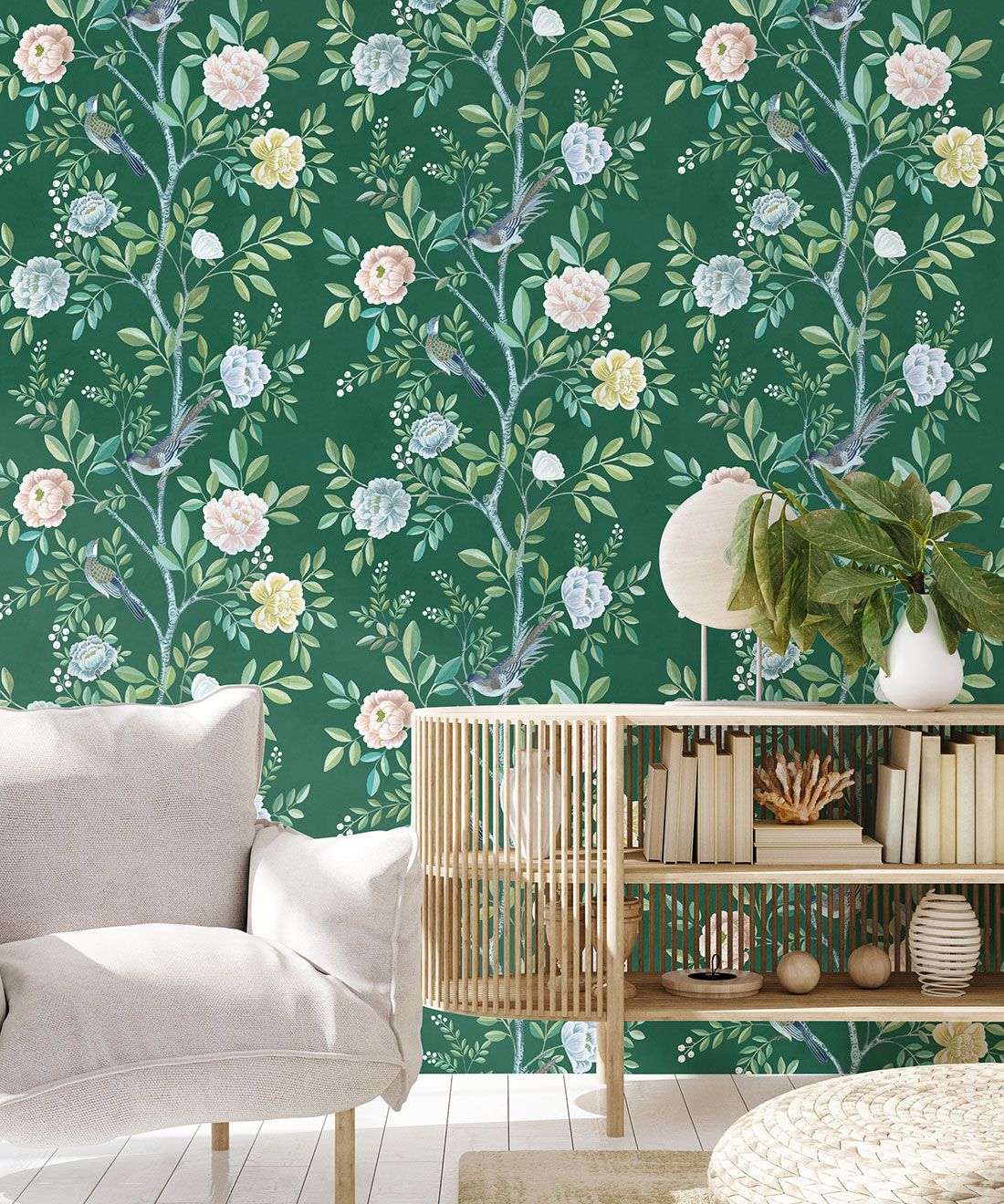 Chinoiserie Wallpaper • Floral Wallpaper • Bird Wallpaper • Magnolia • Emerald Green • Insitu