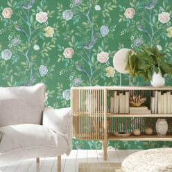 Chinoiserie Wallpaper • Floral Wallpaper • Bird Wallpaper • Magnolia • Forest Green • Insitu