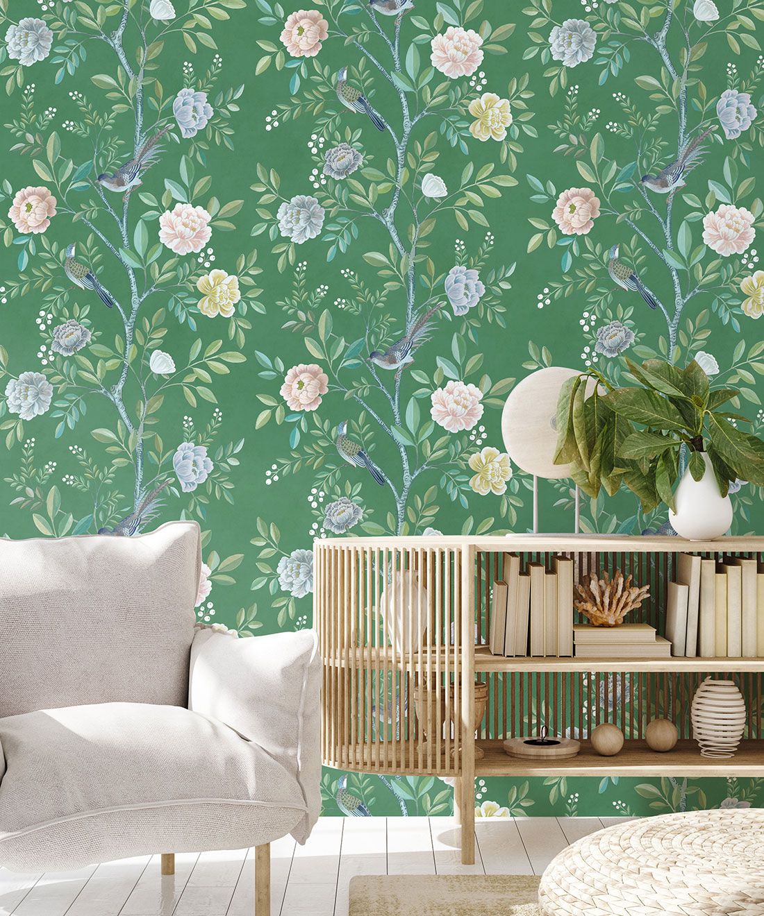 Chinoiserie Wallpaper • Floral Wallpaper • Bird Wallpaper • Magnolia • Forest Green • Insitu