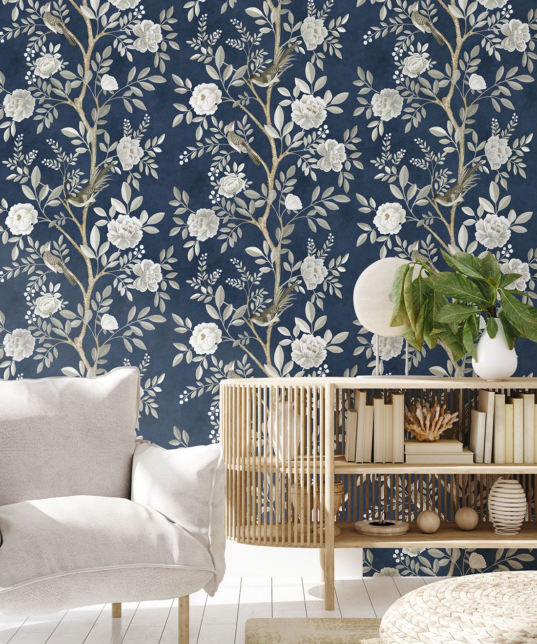 Chinoiserie Wallpaper • Floral Wallpaper • Bird Wallpaper • Magnolia • Royal Blue • Insitu