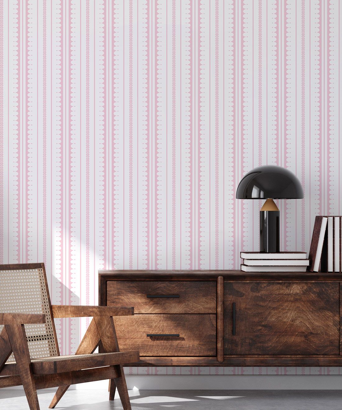 La Grand Coquille • Stripe and Scallop Wallpaper • Blush • Insitu