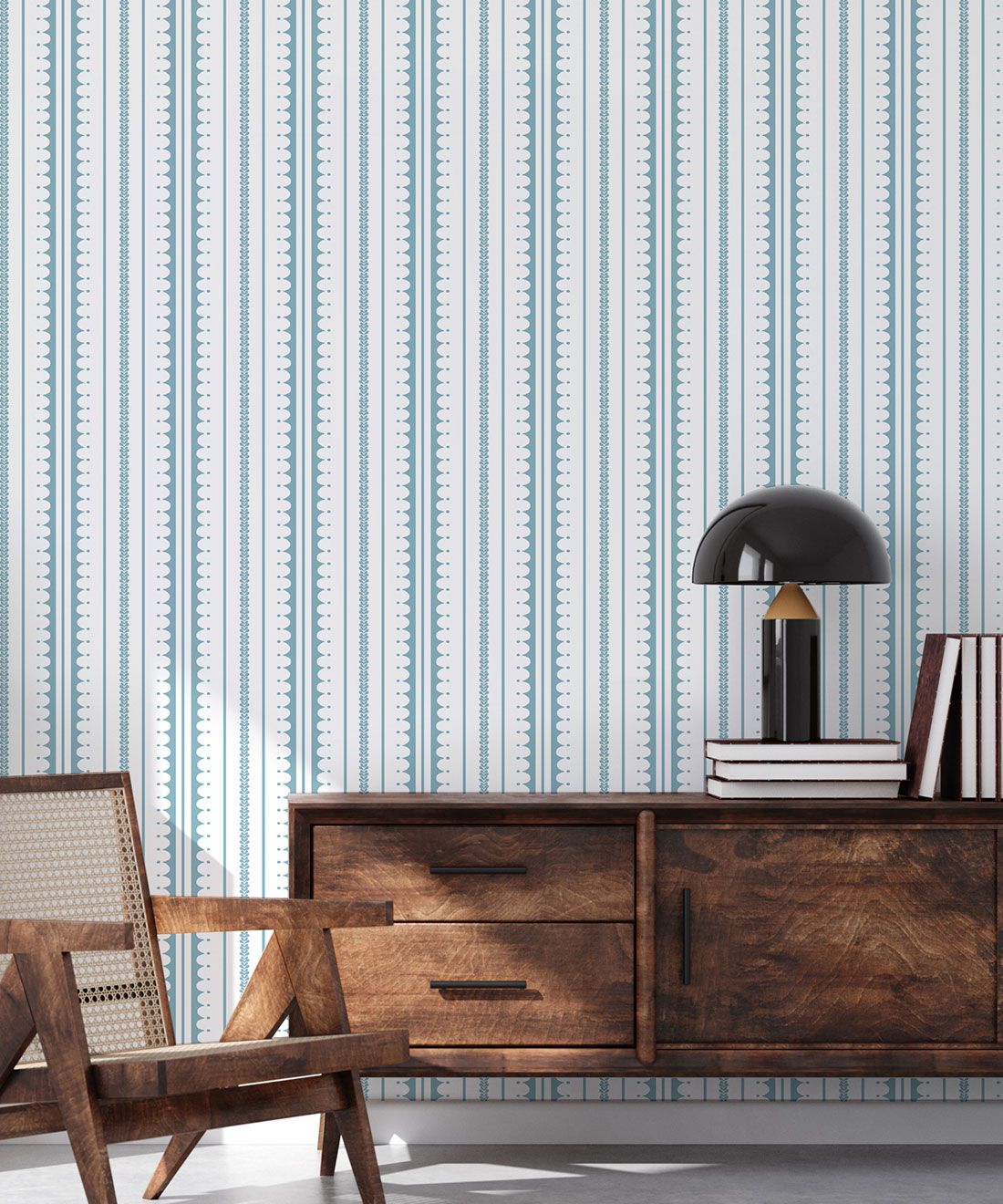 La Grand Coquille • Stripe and Scallop Wallpaper • Powder Blue • Insitu