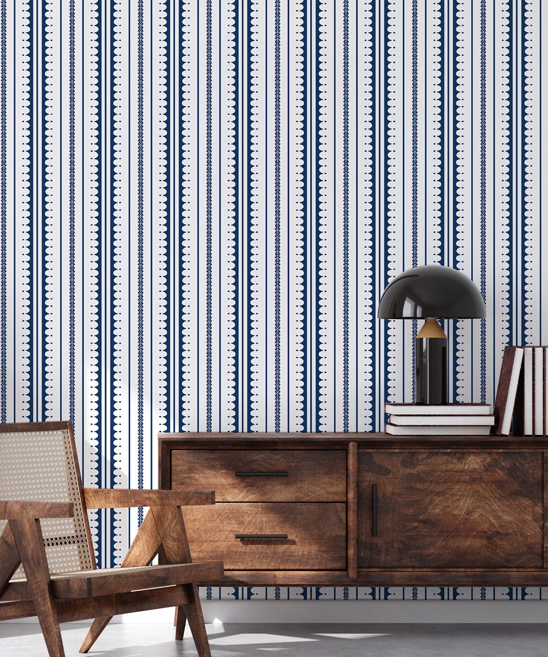 La Grand Coquille • Stripe and Scallop Wallpaper • Royal Blue • Insitu