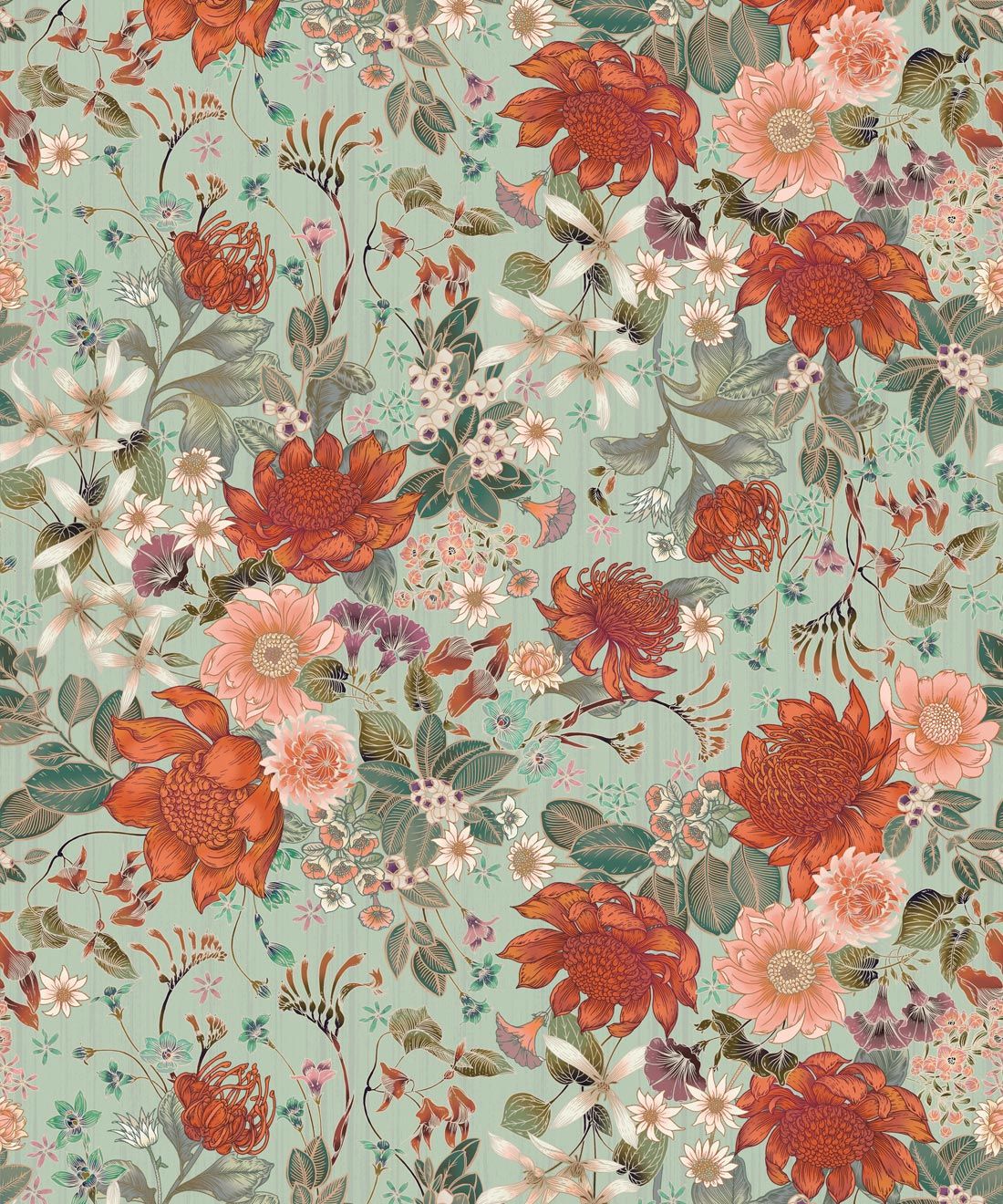 Bouquet Wallpaper • Australian Flora • Eloise Short • Vintage Floral Wallpaper • Granny Chic Wallpaper • Grandmillennial Style Wallpaper • Pistachio • Swatch