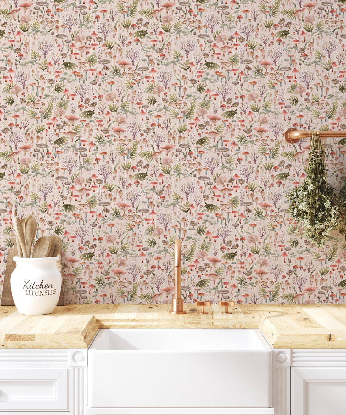 Fungi Wallpaper • Eloise Short • Vintage Floral Wallpaper • Granny Chic Wallpaper • Grandmillennial Style Wallpaper • Latte • Insitu