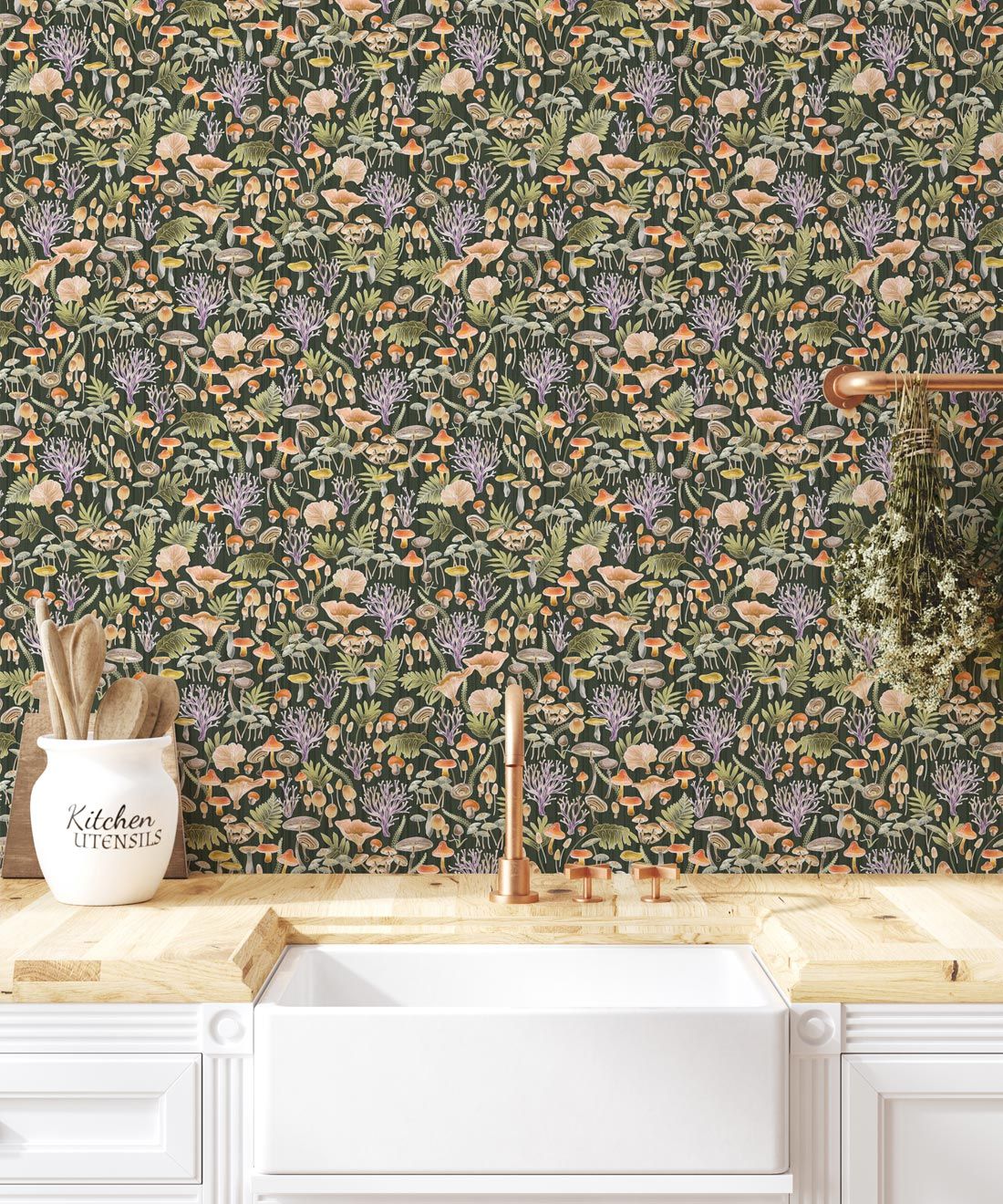 Fungi Wallpaper • Eloise Short • Vintage Floral Wallpaper • Granny Chic Wallpaper • Grandmillennial Style Wallpaper • Olive • Insitu