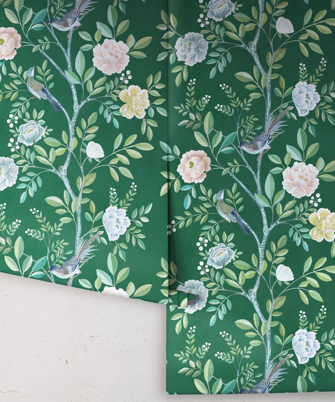 Chinoiserie Wallpaper • Floral Wallpaper • Bird Wallpaper • Magnolia • Emerald Green • Rolls