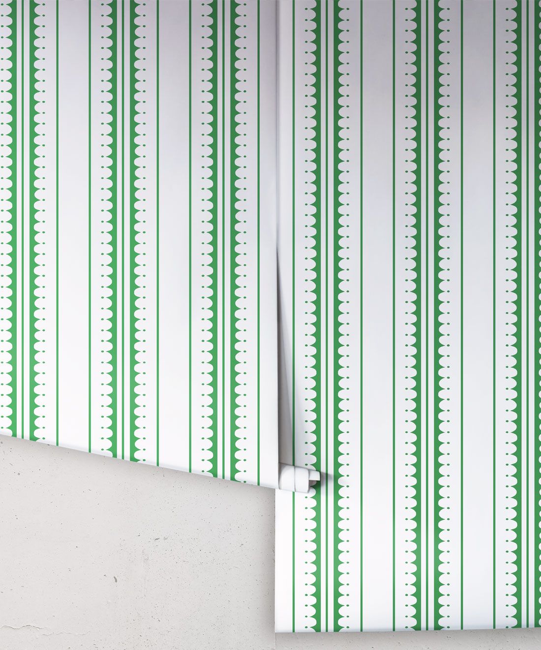 Coquille Wallpaper • Stripe and Scallop Wallpaper • Forest Green • Rolls