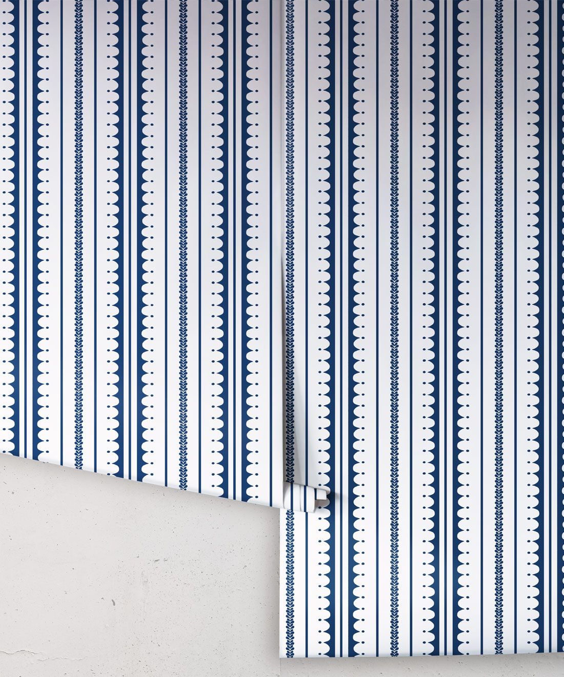 La Grand Coquille • Stripe and Scallop Wallpaper • Royal Blue • Rolls