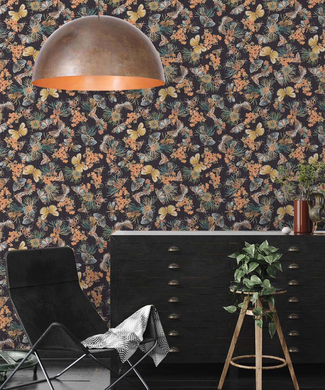 Moth Wallpaper • Eloise Short • Vintage Floral Wallpaper • Granny Chic Wallpaper • Grandmillennial Style Wallpaper • Night • Insitu