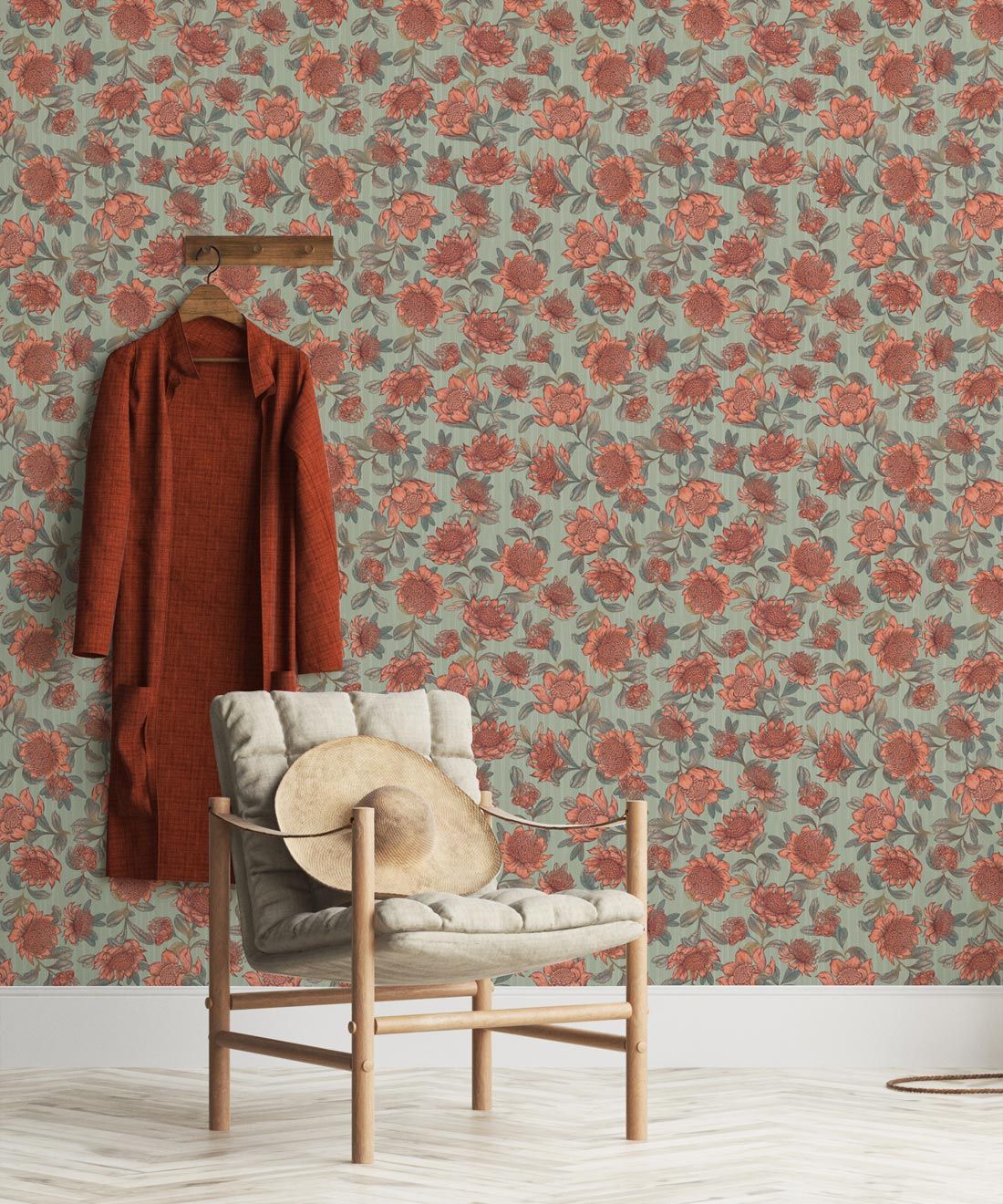 Waratah Wallpaper • Eloise Short • Vintage Floral Wallpaper • Granny Chic Wallpaper • Grandmillennial Style Wallpaper • Green • Insitu